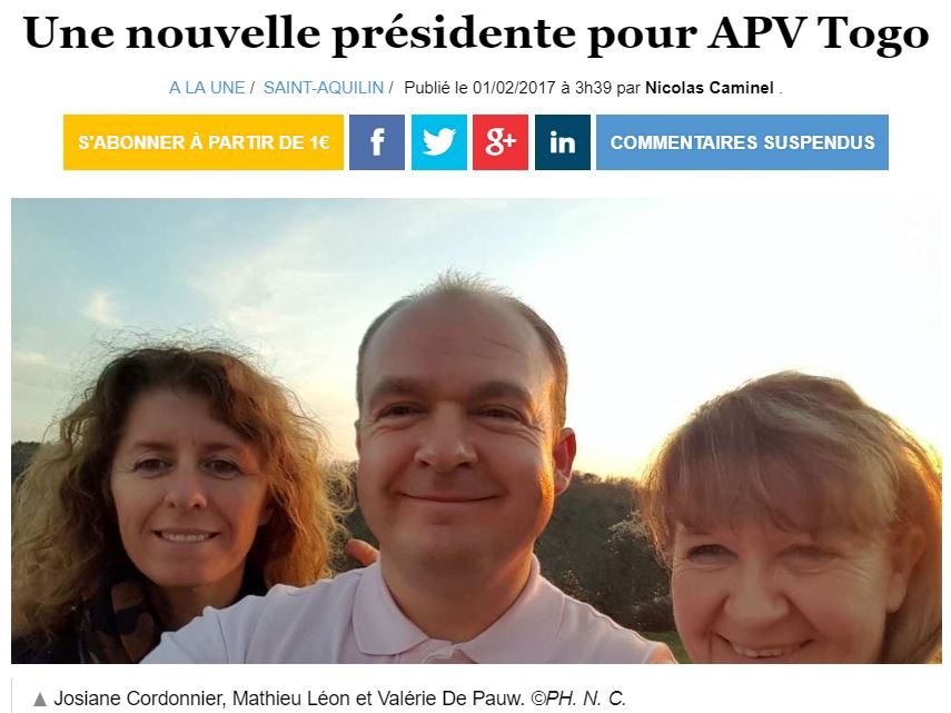 01/02/2017 - Ouest France - Une nouvelle présidente pour APV Togo